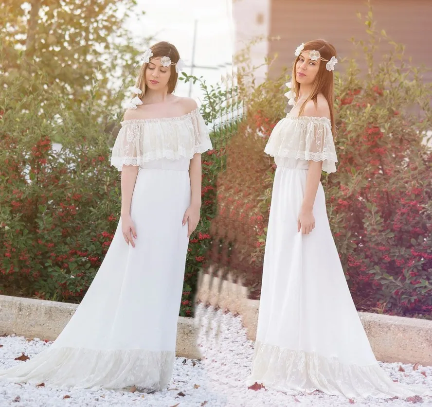 

Новые дешевые богемные Свадебные платья с открытыми плечами, Кружевная аппликация, свадебные платья, иллюзия, халат De Mariee