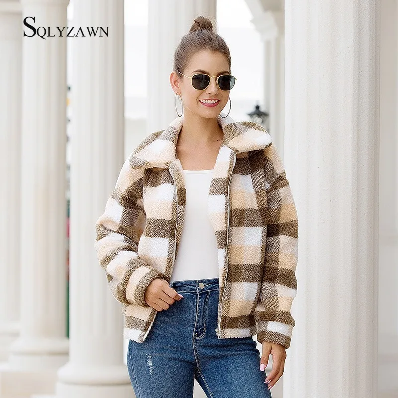 Женское теплое шерстяное пальто в клетку повседневное флисовое цвета хаки и