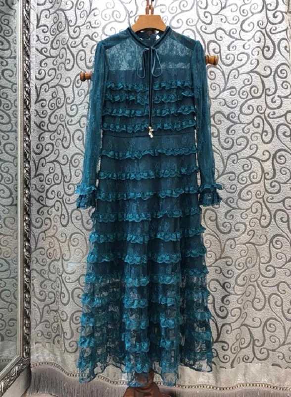 

Quality New Top 2021 Autumn Long Evening Vestidos Women Bow Collar Cascading Ruffle Lace Long Sleeve Dress Wine Red Blue Black