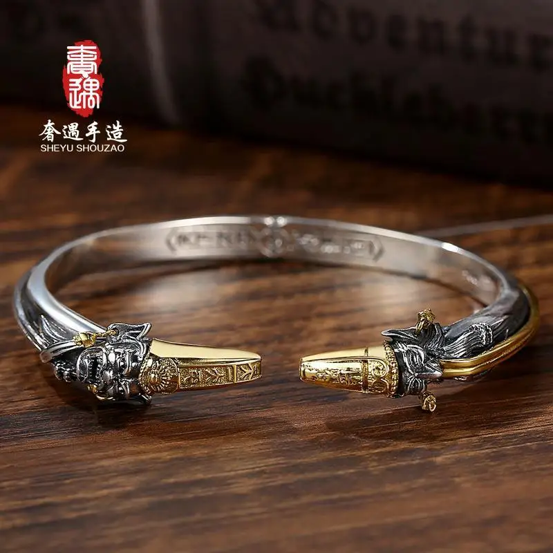 

Luxury Encounter Handmade Retro Personality Men's Bracelet Domineering Niche See Wealth Black and White Fickle S925 Sterling Sil