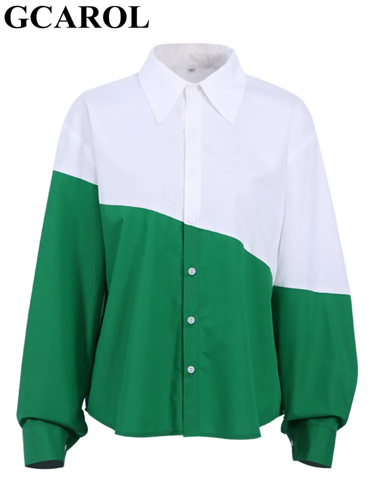 

GCAROL Women Contrast Color Spliced Shirt 30% Cotton White And Green Panelled Spring Fall Chic Top Single-breasted Loose Blouse