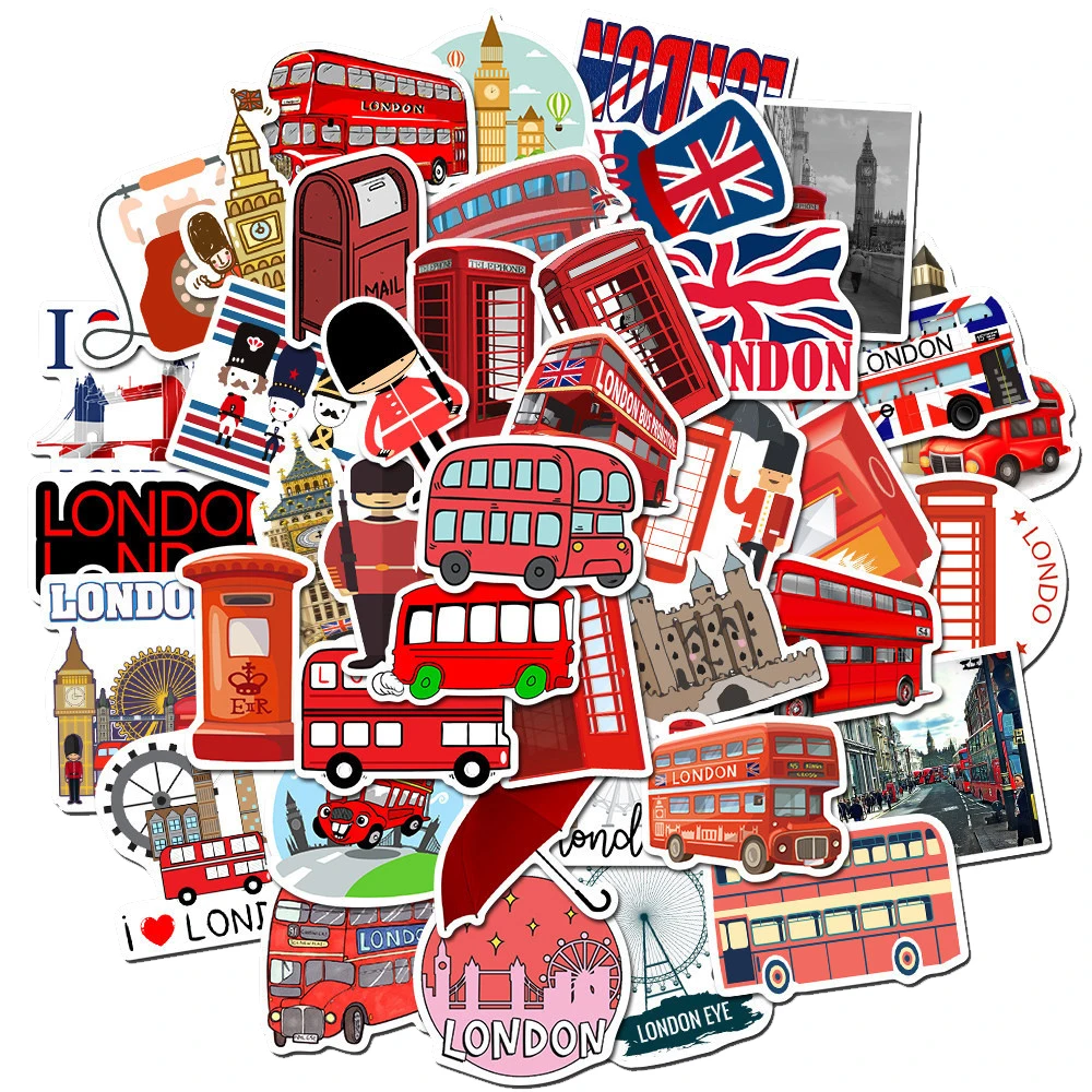 

10/30/50PCS London Red Bus Phone Booth Cartoon Series Stickers Luggage Water Cup Notebook Waterproof Stickers Wholesale