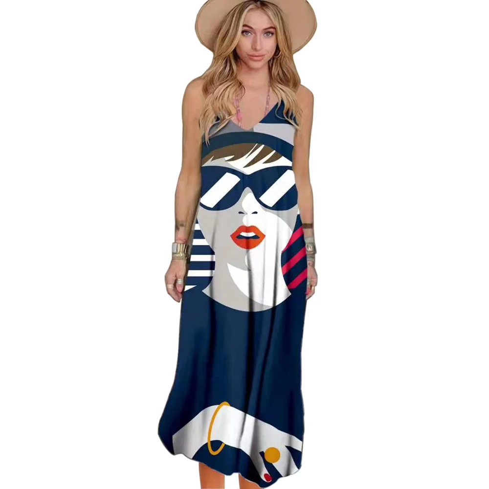 

2021 Hot Cartoon Face Print Sexy Backless V-Neck Suspender Long Dress Beach Style Mediterranean Style Seaside Long Dress