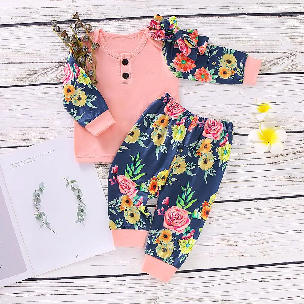 Комплект детской одежды из 3 предметов топ + штаны повязка на голову с цветочным