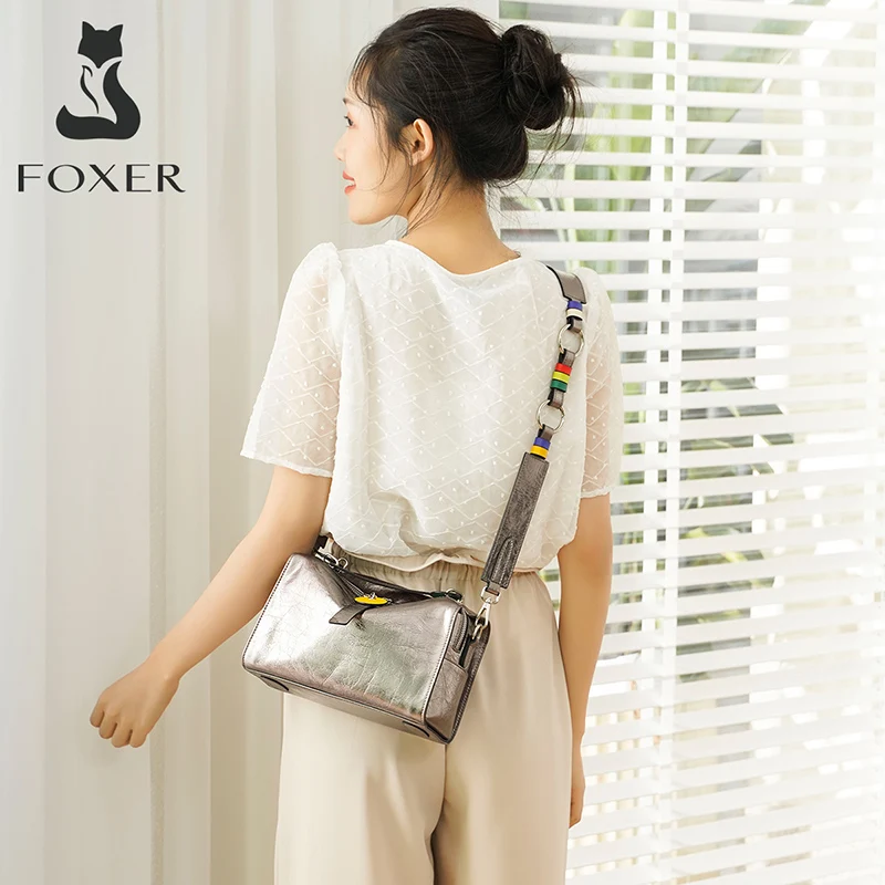 

FOXER Genuine Leather Retro Box Totes for Women Casual Small Female Shoulder Cross-body Bag Large Capacity Lady Travel Handbag