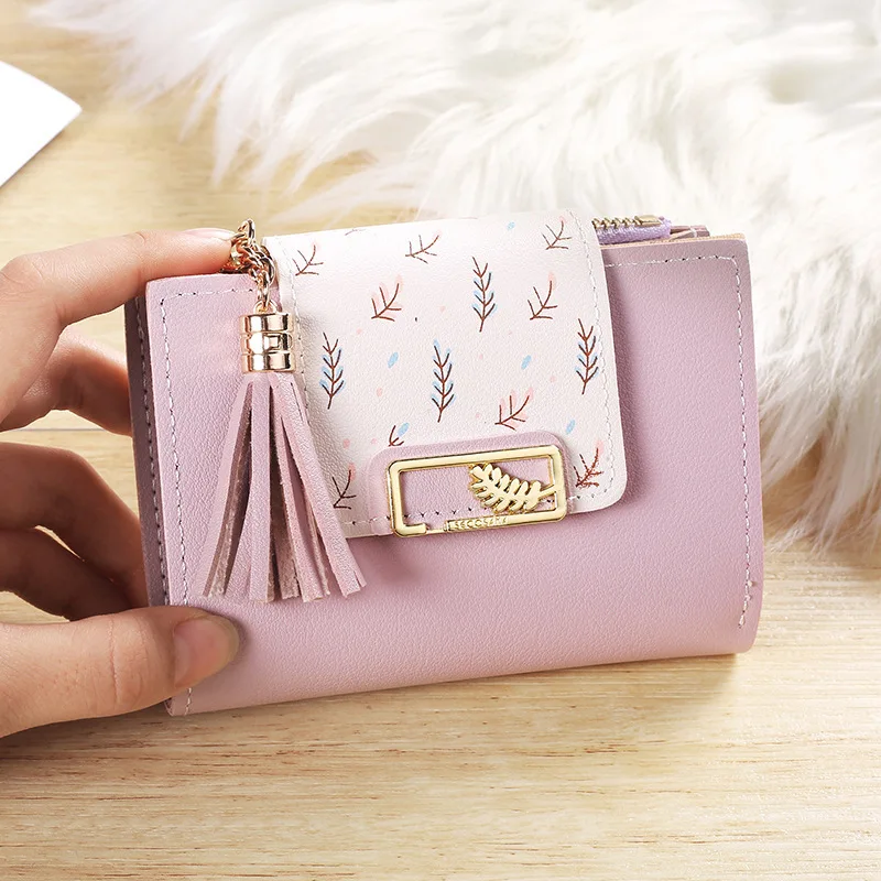 

Women Short Metal Leaves Hasp Wallets Female Multifunction Letter Print Two Fold Coin Purses Lady Card Holder Clutch Money Clip