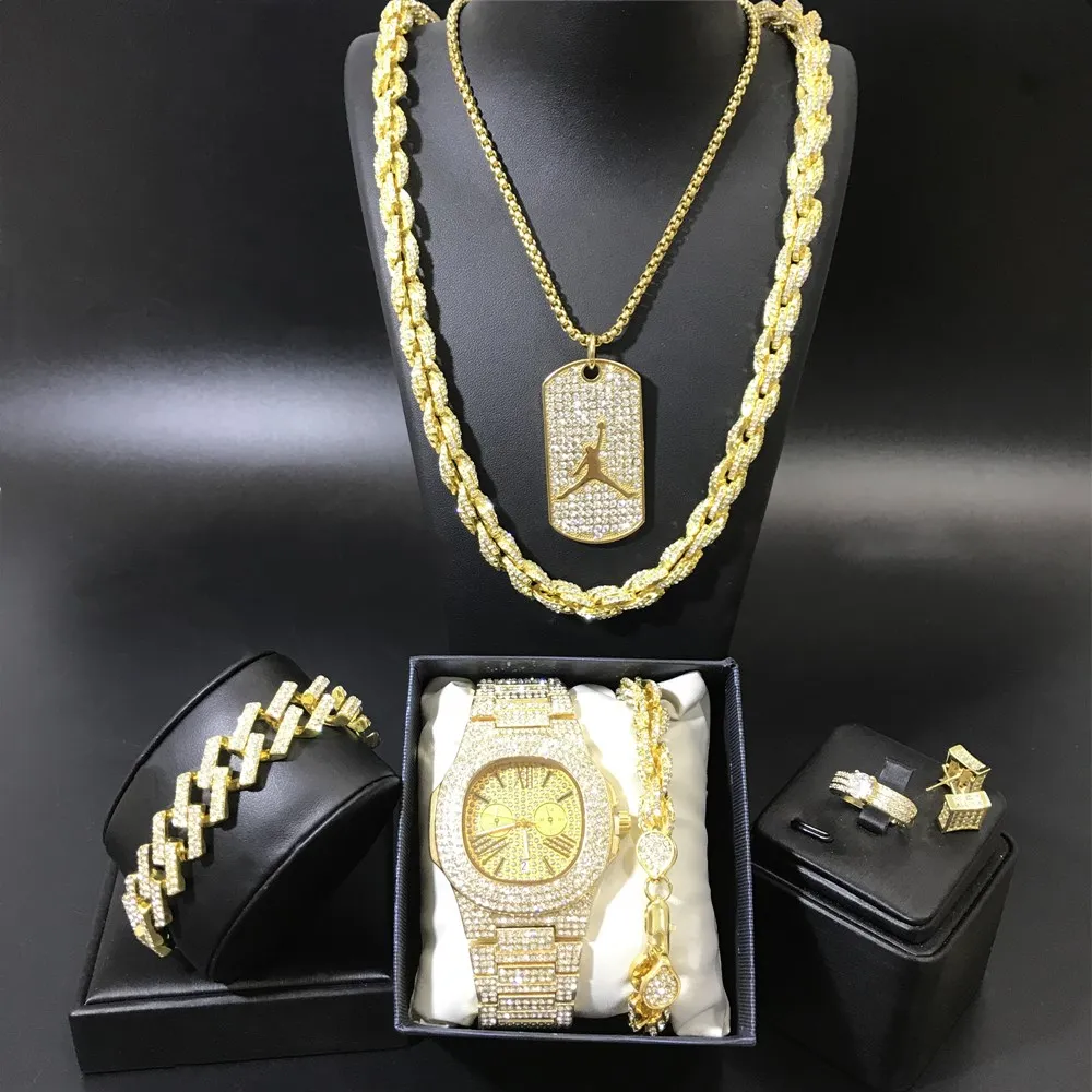 Хип хоп мужское золотое ожерелье мужские часы и браслет кольцо серьги