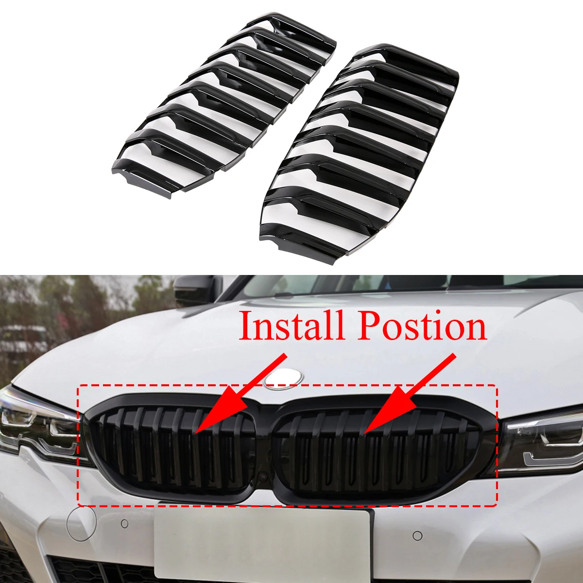 

2 шт. передний бампер центр Нижняя решетка крышка Черный Прочный Запчасти Накладка подходит для BMW 3 серии G20 2019-2021