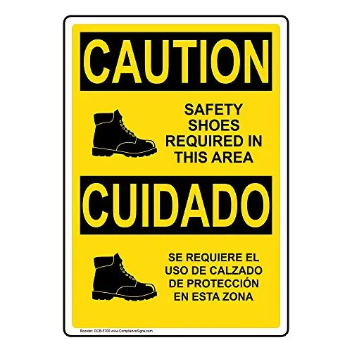 

Caution Safety Shoes Required in This Area English + Spanish OSHA Safety Sign, Plastic for PPE by ComplianceSigns