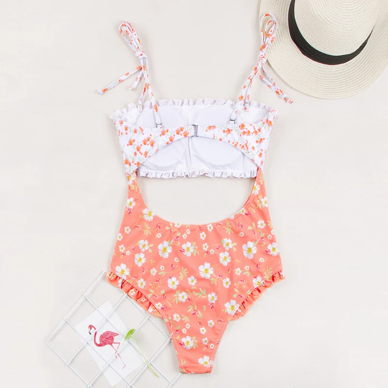 

Sexy Crinkle Floral Swimsuit Hollow Out Swimwear Ruffle Biquini 2019 Print Bathing Suit Women Polka Dot String Bow Bikini