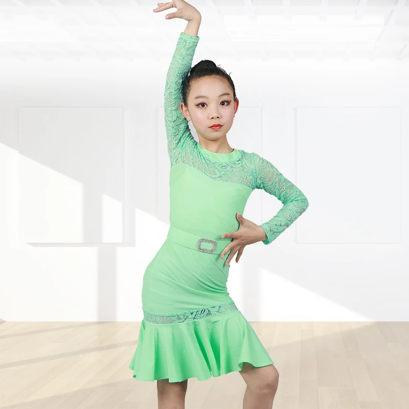 

Новинка, детское платье для латиноамериканских танцев, детская танцевальная одежда, одежда для тренировок, зеленое кружевное платье, юбка, ...