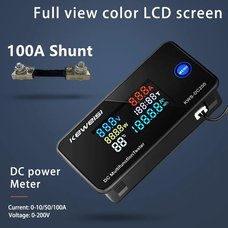 KWS-DC200 Digital Voltmeter DC 0-200V Voltage Seven Functions Power Energy Meter LED Color Display Wattmeter 0-10/50/100A | Инструменты
