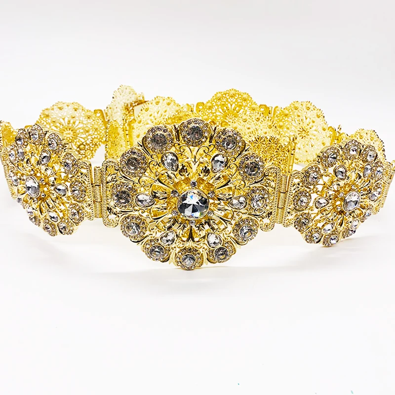 Elegant Round Crystal Waist Chain For Moroccan Style Wedding Caftan Noble Hollow Flower Shaped Metal Belt