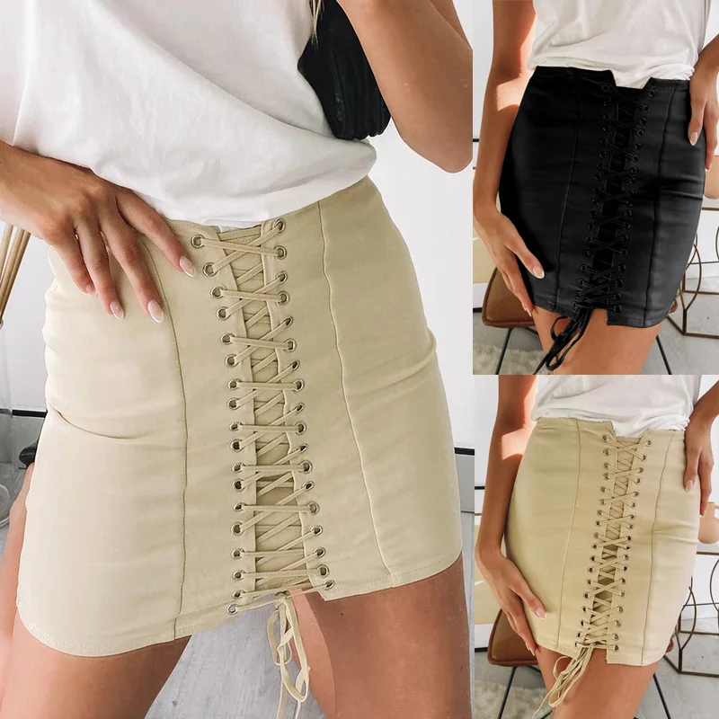 

2021 New Women Fashion Lace-Up Solid Suede Short Mini Skirt Lady Summer Sexy Bodycon Pencil Skirt Girls Casual Streetwear