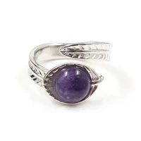 silver plated leaf amethysts stone resizable open finger ring black agates fashion jewelry