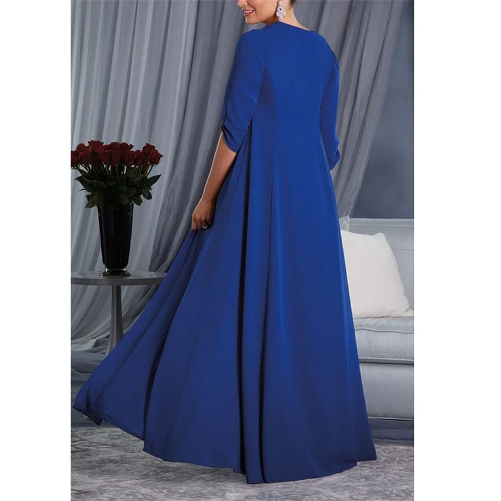 

Modern Blue Chiffon Women's Dresses Half Sleeves A-line Appliques Beading Vestidos Madre Novia Pleat Dinner Dresses For Women