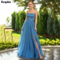 eeqasn classic teal tulle women formal prom gowns side slit long evening party dresses with belt wedding guest dress plus size