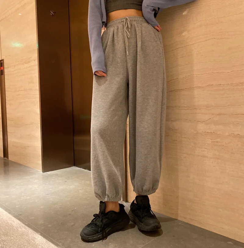 Женские леггинсы с завышенной талией серые спортивные брюки широкими штанинами