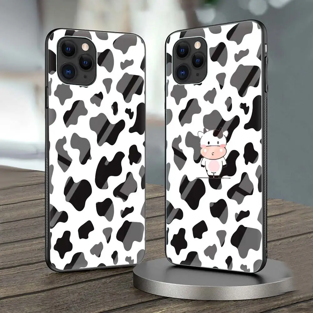 

New White Black Cows Print Cute Phone Case For iPhone 11 Pro MAX Cover For iPhone 12 Pro XR X XS 7 8 Plus SE 2020 Glass Shell