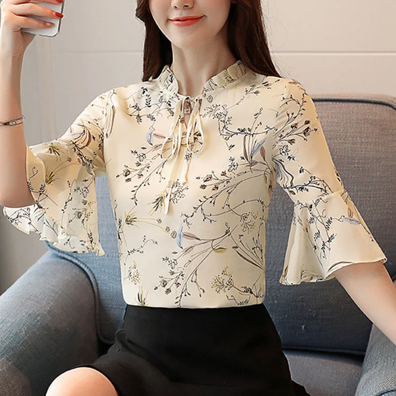 

LJSXLS Korean Version Loose Floral Chiffon Short Sleeve Shirt Women Temperament Flare Sleeve Blouses Female Top For Women Summer