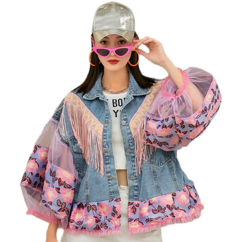 

Jean Jackets For Women 2021 Sweet Flower Mesh Lantern Sleeve Design Cowboy Denim Coat Jacquard Weave Patchwork Tassels Outerwear