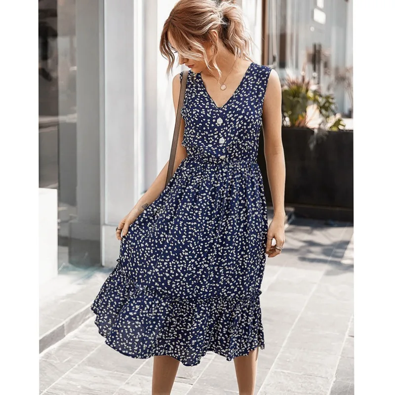 

2021 Popular Summer Girl Ruffled Button Casual Dress Bohemian Beach Wear Office Lady OL Boho V-neck Floral Polka Dot Print Dress