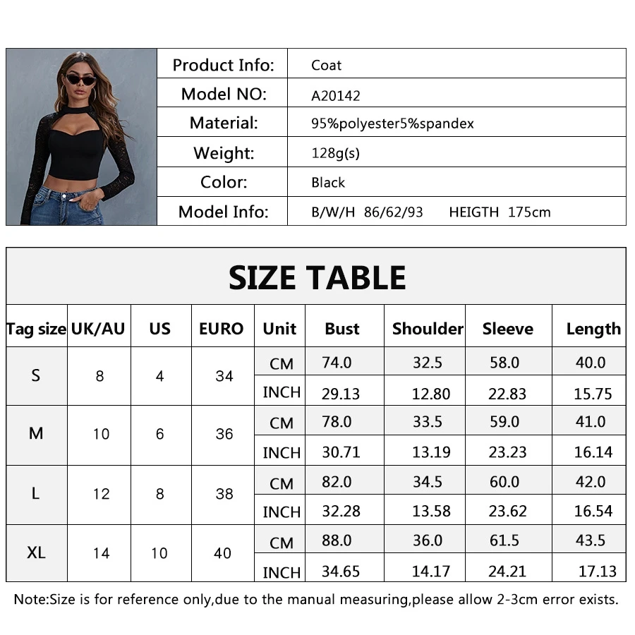 

Women Sexy Black Crop Top Cut Out Choker Neck Lace See-through Long Sleeve Slim Crop T-shirts