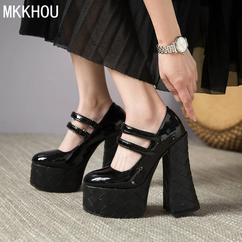 

Туфли MKKHOU женские из натуральной кожи, однотонные, на платформе, на толстом каблуке 15 см, с ремешком на липучке, черные, на лето