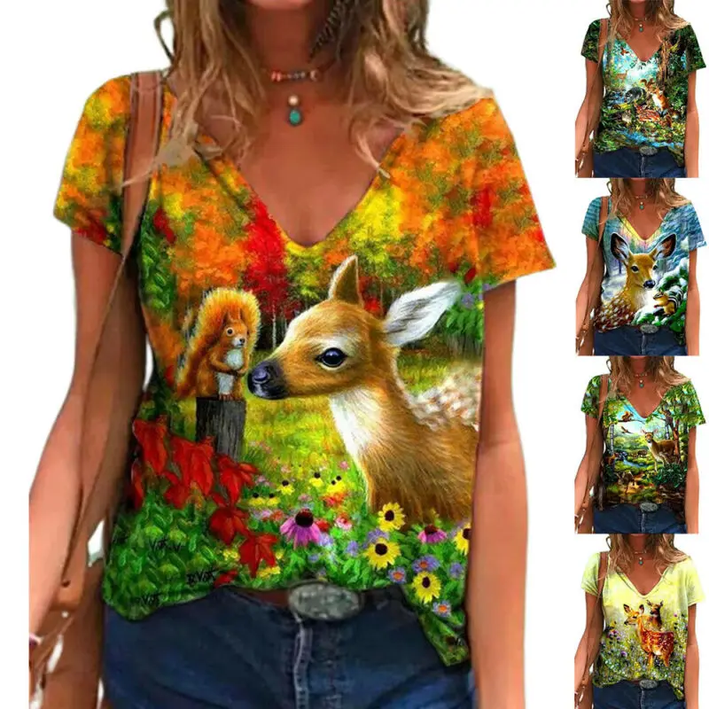 

Свободная футболка Женские топы с V-образным вырезом и короткими рукавами, летняя футболка-туника 3D топы с принтом в виде животного, женская ...