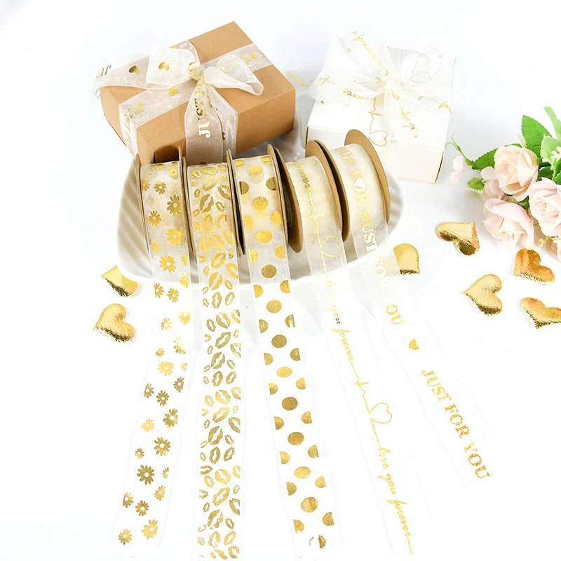 

10m/roll Gold Organza Ribbon Dot Love Just For You Printed Ribbons DIY Bow Craft Wedding Birthday Party Gift Package Supplies