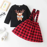 christmas kids clothes toddler girl clothing set 2 pieces cartoon animal elk long sleeve topsplaid baby strap short skirt 1 6y