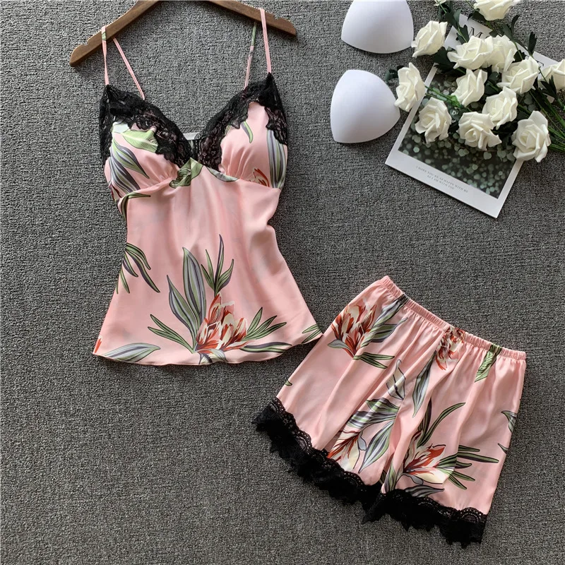 Lisacmvpnel Sexy Lace Pajamas Suit Imitate Real Silk Camisole Shorts Twinset Woman Printing | Женская одежда