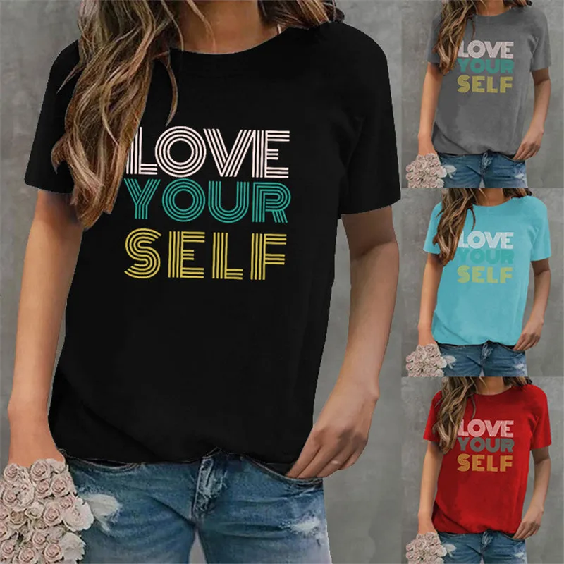 

Женская уличная футболка с коротким рукавом, Повседневная Свободная рубашка с надписью «LOVE YOUR SELF», весна-лето