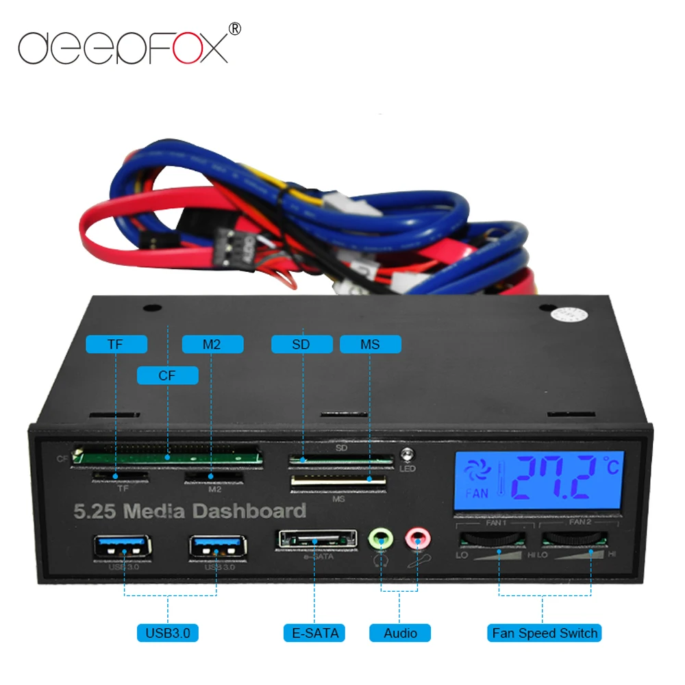 DeepFox Multifunctional USB 3.0 Front Panel 5.25'' Media Dashboard e-SATA MS CF TF SD Card Reader 3.5mm Earphone MIC Interface