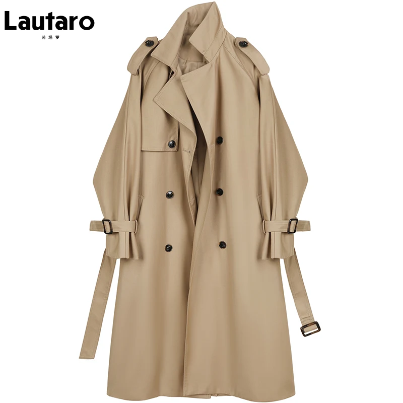 

Lautaro Spring Autumn Khaki Oversized Long Trench Coat for Women 2021 Raglan Sleeve Belt Double Breasted British Style Overcoat
