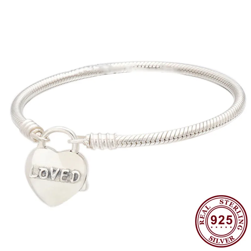 

925 Sterling Silver Pan Bracelet Silver Heart Love Logo Chain Bracelet Fit European Charm Bracelets Women Jewelry