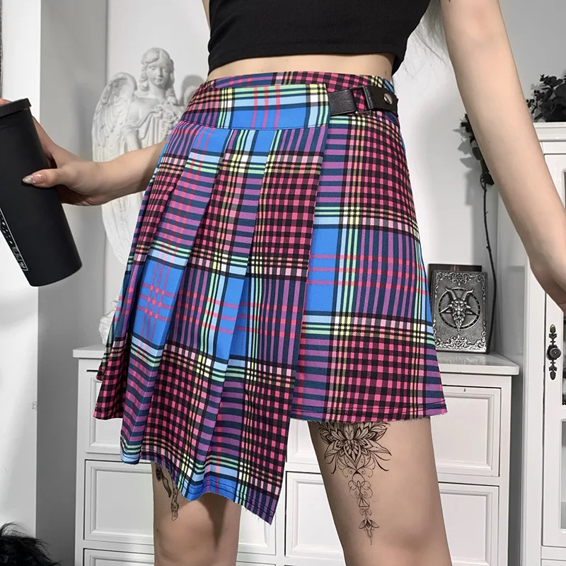 

Женская плиссированная мини-юбка в радужную клетку, с высокой талией