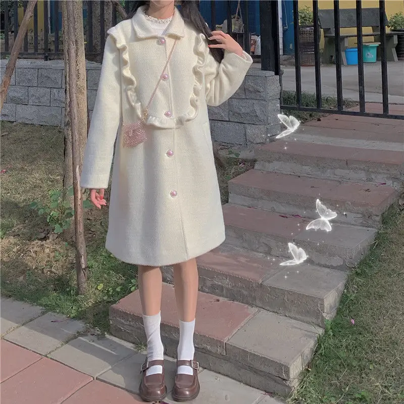 

White Wool Winter Coat Women Warm Sweet Loose Trench Coat Female Button Patchwork n Japanese Kawaii Chic Thick Coat
