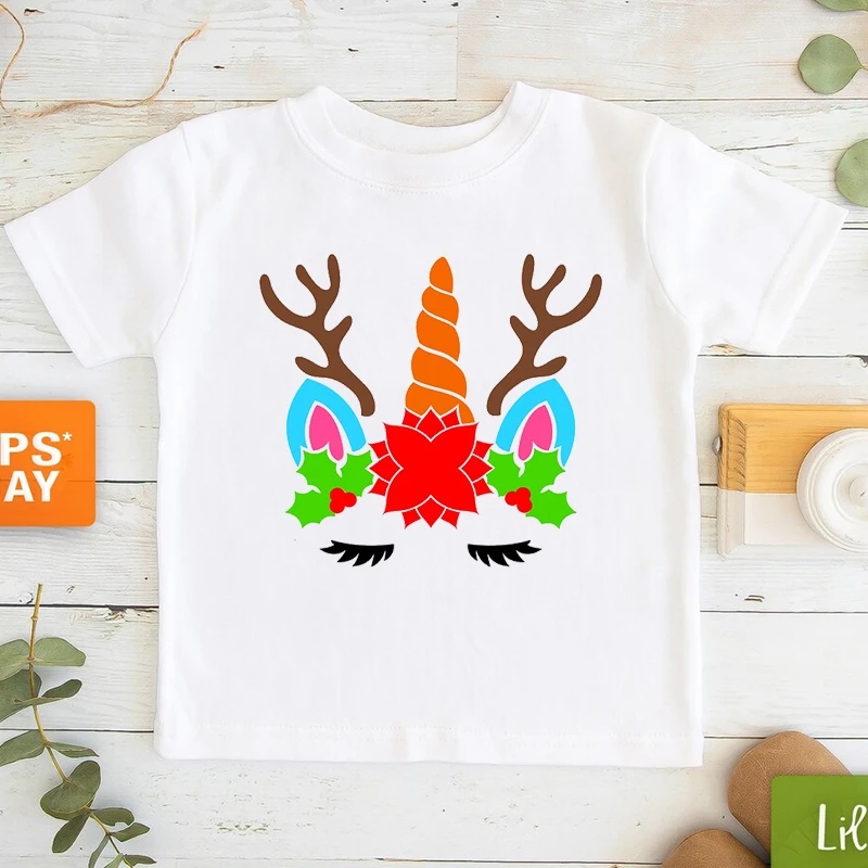 Camiseta de Feliz Navidad para ni&ntilde;os y ni&ntilde;as, camisa Kawaii con cara de unicornio, astas, ropa para ni&ntilde;os, camisetas de manga corta de los a&ntilde;os 90, 2022-1