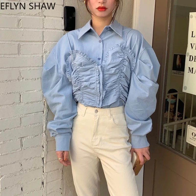 

Women Fashion Blouse 2021 Spring Design Fake Two Pleated Puff Sleeve Loose Shirt Chic Slim Tunic Retro Summer Tops White Shirt