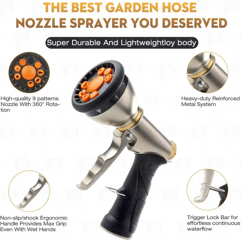 

Electroplating Multi-Purpose High Pressure Water Gun 9 Functions Front Trigger Water Spray Gun Metal Gold Car Wash Water Gun
