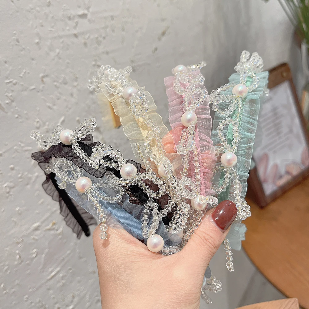 

Fashion Bohemian Hair Bands Rhinestones Beads Pearl Black Lace Headband Knot Crystal Twisted Bow Knotted Vintage Accessories