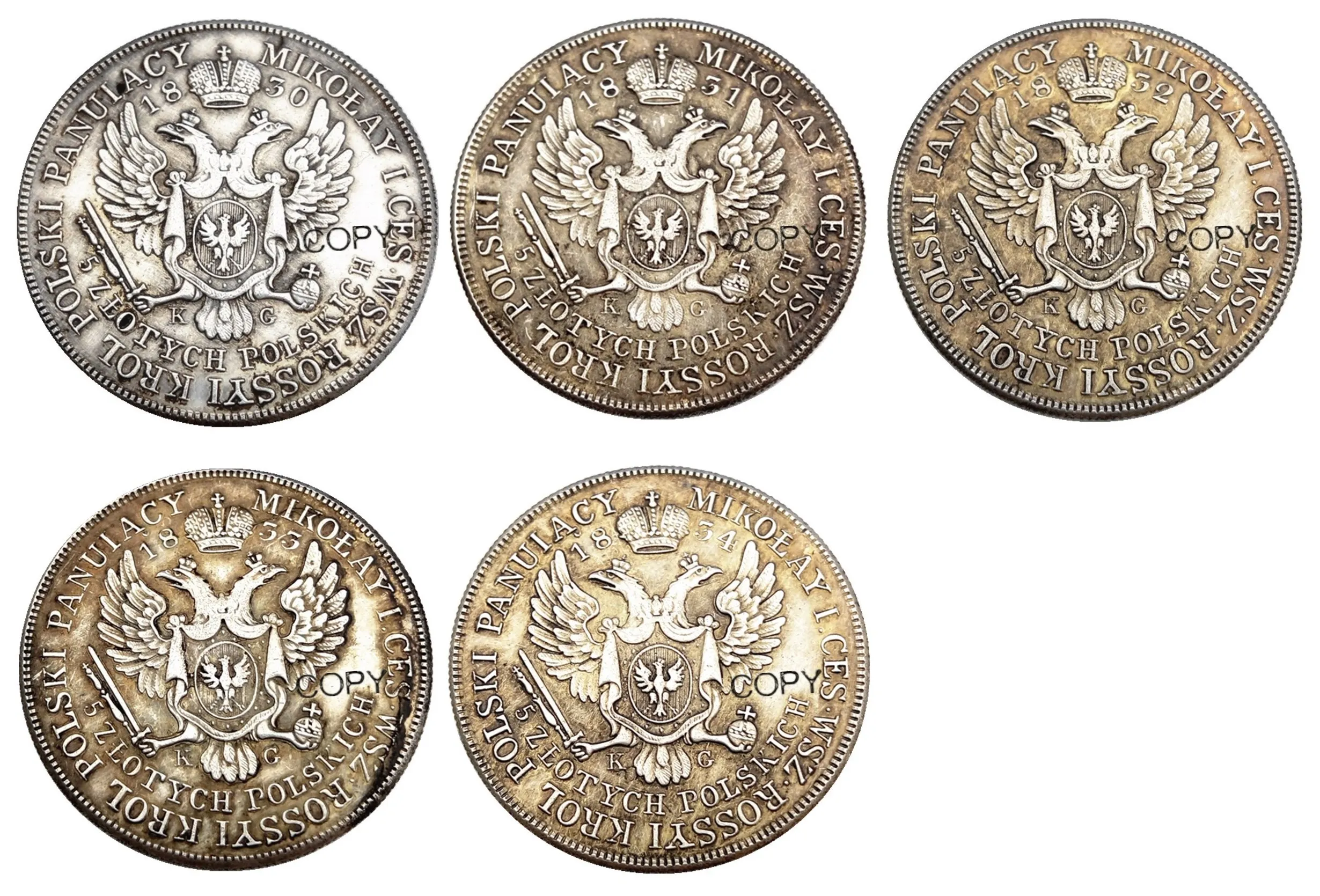 Польша набор (1830-1834) 5 шт. золотых посеребренных монет копия | Дом и сад