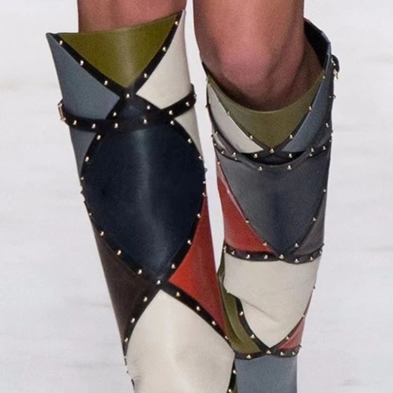 Modern Boots Rivets Ornament Color Block Fashion Model Shoes High Heel Knee High Boots for Women Ankle Booty Big Size 45