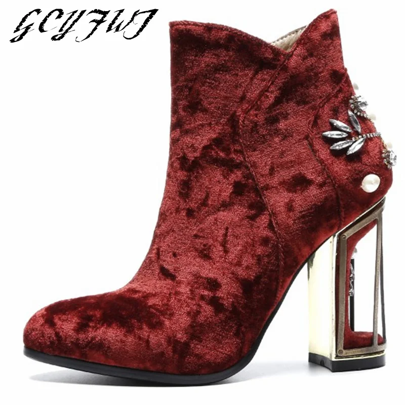 

Women's Ankle Boots Winter Flock Crystal Strange Heels High Heel Ladies Shoes Solid Color Zipper-Sid Warmest Retro Botines Mujer