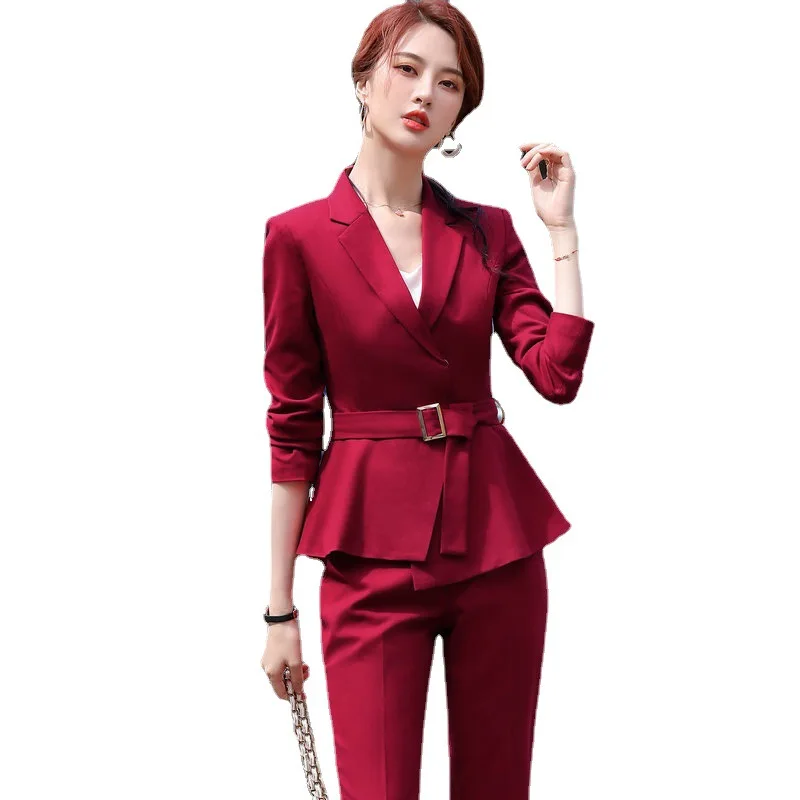 

Женский брючный костюм с поясом, черный деловой костюм с длинным рукавом и V-образным вырезом, 2021