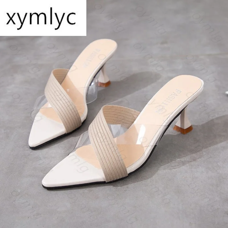 

Pointed Toe High Heels Female Slippers Lady Slip On Casual Jelly Shoes Summer Women Sandals PVC Transparent Crystal Shoes Woman