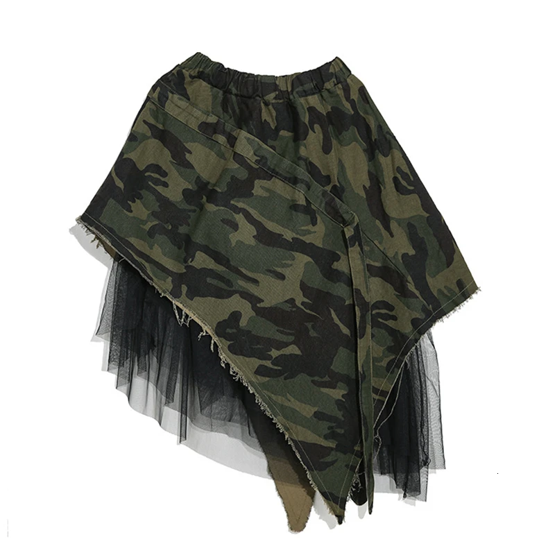 

CHICEVER Patchwork Mesh Camouflage Denim Skirt Female Elastic Waist Oversize Asymmetric Skirts Women Clothes Fashion New 2020