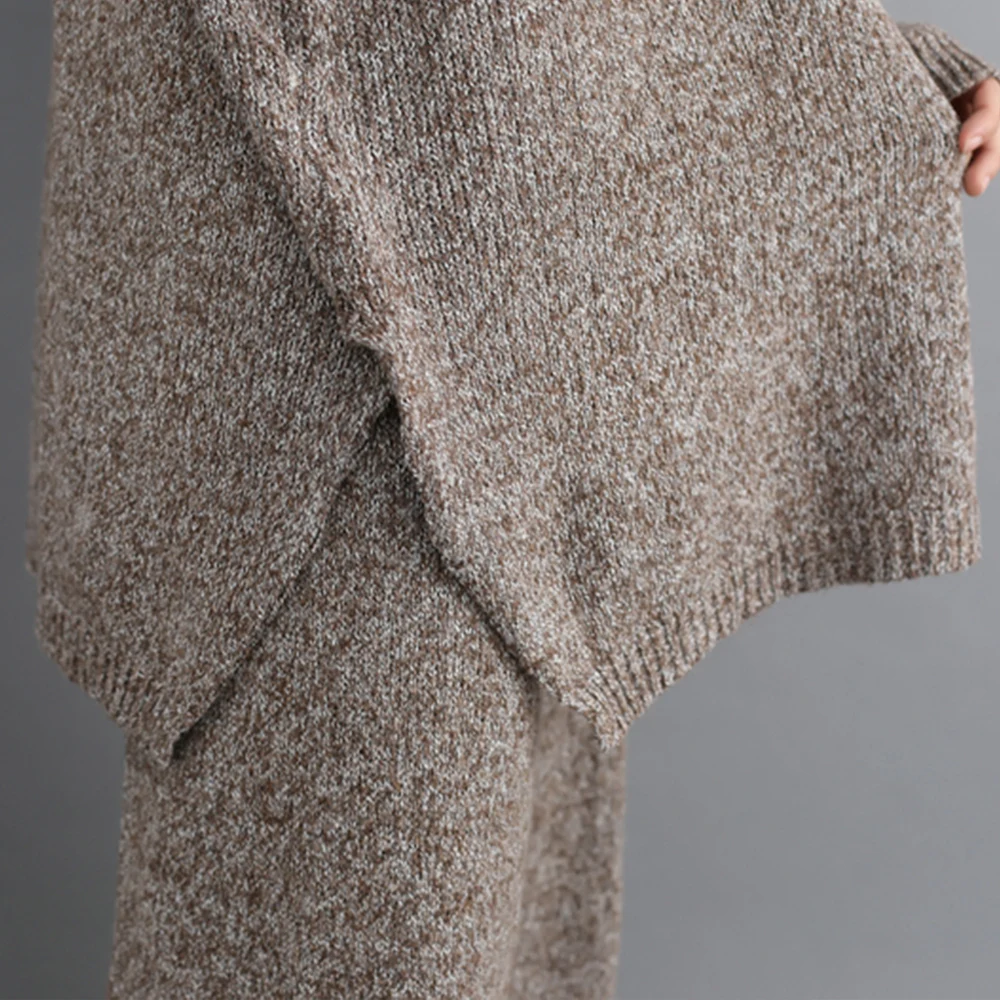 

Plus Size 2 Piece Pant Sets Loose Pullovers Turtleneck Knitted Sweater And Wide Leg Pant Office Lady Warm Suits 2021 4XL 5XL 6XL