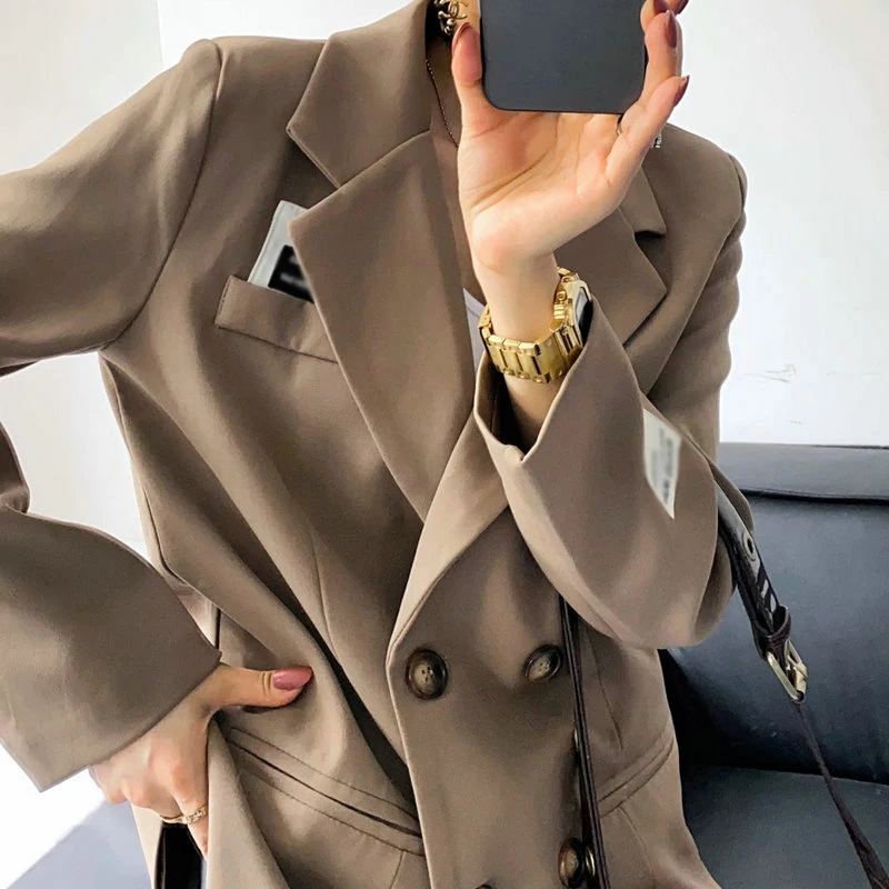 

Korean Sylish Women Khaki Twill Fabric Blazer Notched Collar Double-Breasted Suit Jacket Front Pockets Design Outerwear Autumn